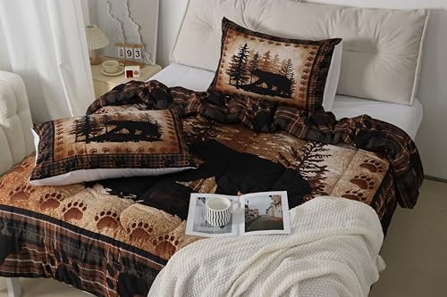 Castle Fairy Bear Print Full Size Comforter Set,Wild Animal Hunt Pine Trees Retro Bedding Comforters Bedroom Collection,Rustic Grid Plaid Cabin Decor Bedding Set for Girls Teens