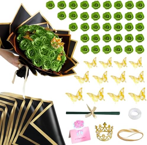 Green Glitter Flowers Bouquet, Fake Roses 36 Pcs