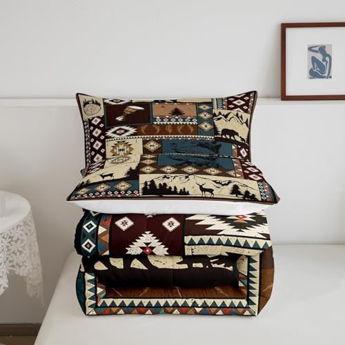 Deer and Bear Wild Animal Bedding Set King Size,Tribal Exotic Style Patchwork Plaid Comforter Set Room Decor for Home,Retro Rustic American Geometric Microfiber Down Comforter,with 2 Pillowcases