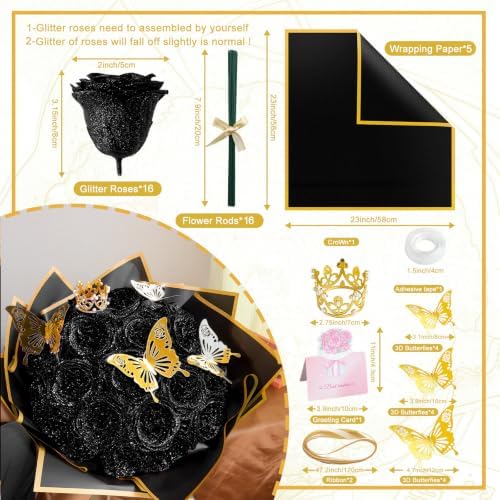 DIY Glitter Roses Bouquet Kit Black - 16 Fake Shiny Flowers with Stems Butterfly Crown Eternal Floral for Graduation Handmade Wedding Bouquet Anniversary Birthday Gift, for Her