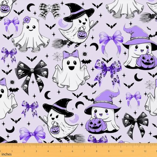 Halloween Ghost Decorations Bow Upholstery Fabric for Chairs | Halloween Bats Outdoor Fabric by The Yard 181"x63", Gothic Pumpkin Lantern Moon Spooky Spider Web Sugar Skull Landscape Fabric,Purple