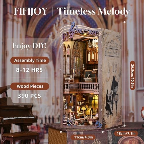 fifijoy Book Nooks, DIY Miniature Book Nook Kit Music, 3D Wooden Puzzle Bookends for Bookshelf Insert Decor with Led Light for Teens and Adults (Timeless Melody)