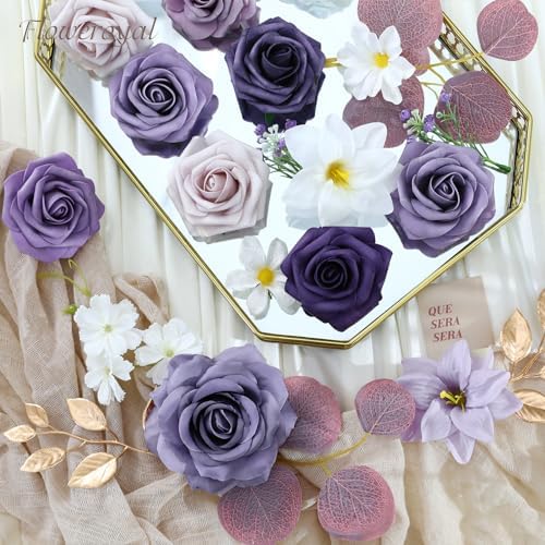 Floweroyal Artificial Flowers Combo Purple Flowers Mix Silk Flowers Fake Roses with Stems for DIY Wedding Bridal Bouquets, Baby Shower, Floral Arrangement, Table Centerpieces, Home Decorations