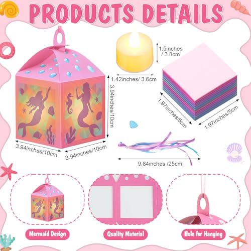 Simgoing 12 Sets Mermaid Tissue Paper Lantern Craft Kits with LED Candles