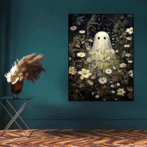 Halloween Paint by Numbers for Adults with Framed Canvas-with Wooden Easel,Ghost Paint by Number on Canvas,DIY Acrylic Oil Painting Kits with Brushes Nice Gift Box for Home Wall Decor(12x16 Inch)