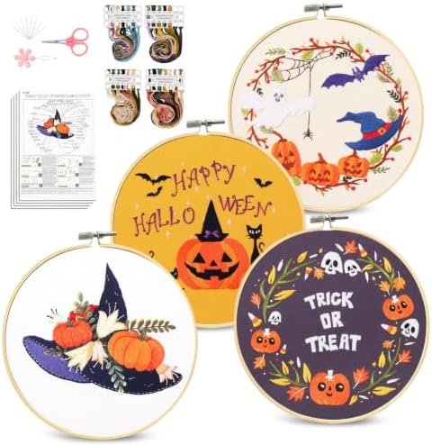 Santune 4-Pack Halloween Embroidery Kit Cross Stitch Kits for Beginners DIY Needlepoint Kit with 4 Embroidery Clothes Featuring Pumpkin Patterns,2 Hoops,Color Threads,Needles