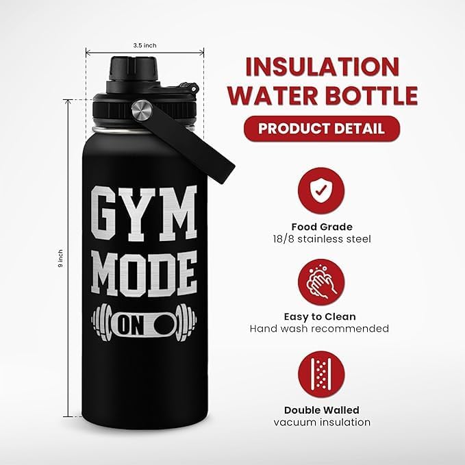 Gym Insulated Engraved Stainless Steel Water Bottle 32oz, Vacuum Chug Lid Travel Tumbler For Men Friends Dad Gymer Trainer, Gym Mode on, Birthday Christmas Father's Day