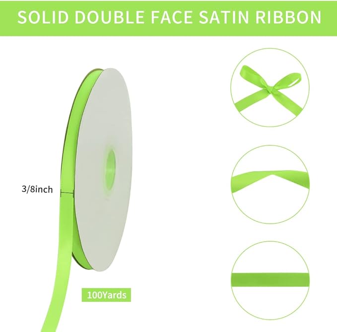 TONIFUL 3/8 Inch x 100yds Fluorescent Apple Green Satin Ribbon Thin Solid - Image 2
