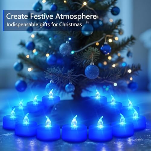 Tea Lights Battery Operated Candles LED Tea Lights Flameless Candles 200+ Hours Flickering Fake Tealights for Sweetest Day Wedding Home Decorations Party (Blue Base, 24 Pack)