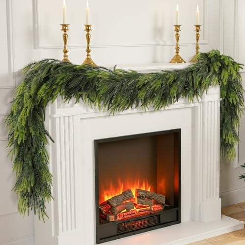 N&T NIETING 9FT Christmas Norfolk Pine Garland Real Touch Artificial Greenery Garlands Faux Winter Garland for Mantle Fireplace Table Stair Front Door Indoor Outdoor Holiday Xmas Decorations (1 Pcs)
