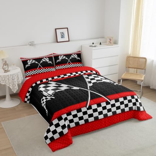 Castle Fairy Race Car Themed Comforter Set King Size,Black White Checkered Flag Print Bedding All Season Quilt Set,Red Stripes Geometric Grid Microfiber Polyester Down Comforter, King 104/''x90/''