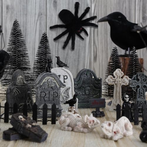 YLOLUL 48 Pcs Fluorescent Halloween Village Accessories Miniature All Saints' Day Figurines Glow in The Dark Mini Tombstones Skeleton Tiny Trees for Halloween Town Decorations Party Table Decor