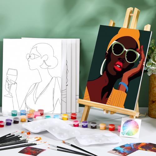 Dinifee 6 Pack Pre Drawn Canvas for Painting Pre Printed Canvas Kit 8 x 10 Inch Stretched Cotton Paint and Sip Set for Adults Couple Party Graduation Summer Date Night(Artistic Women)