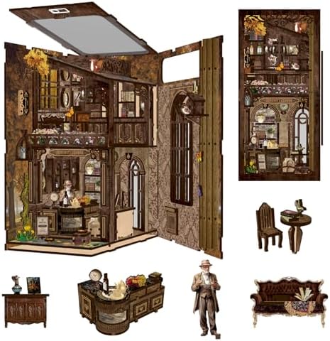 Book Nook Serenity Coffee House 3D Wooden DIY Miniature Kit with LED Lighting - Vintage Bookshelf Decor for Adults