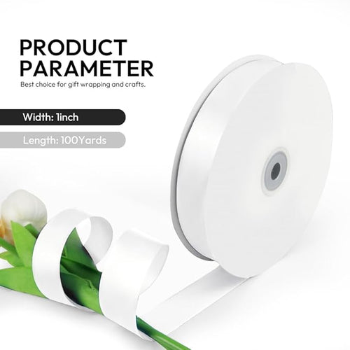 1 Inch 100 Yards Satin Ribbon White, Solid Color Fabric Ribbon - Image 2