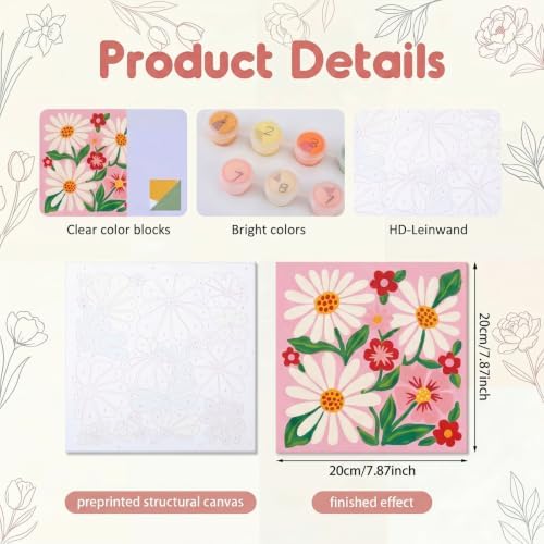 YooNotee 6 Pack Flowers Paint by Numbers Kit on Canvas with Wooden Easels & Brushes, 8x8 Inch Canvas Art Set for Adults DIY Flowers Acrylic Painting for Home Wall Decor