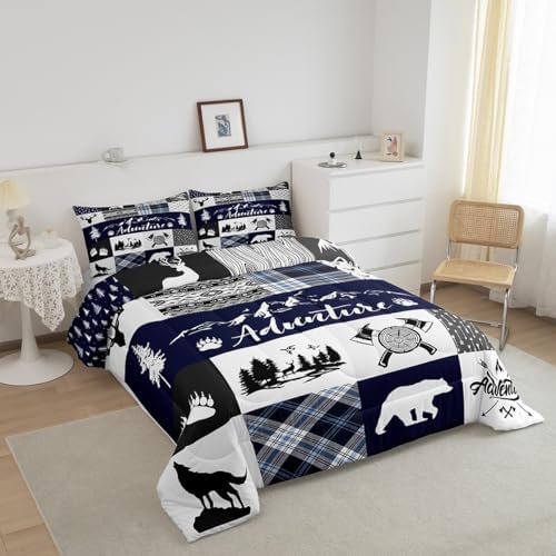 Castle Fairy Deer Bear Comforter Set Twin Size,Rustic Farmhouse Wildlife Patchwork Blue Bedding Set for Kids Boys Men,Camping Cabin Decor Boho Aztec Tribal Quilted Duvet Set with 1 Pillowcase