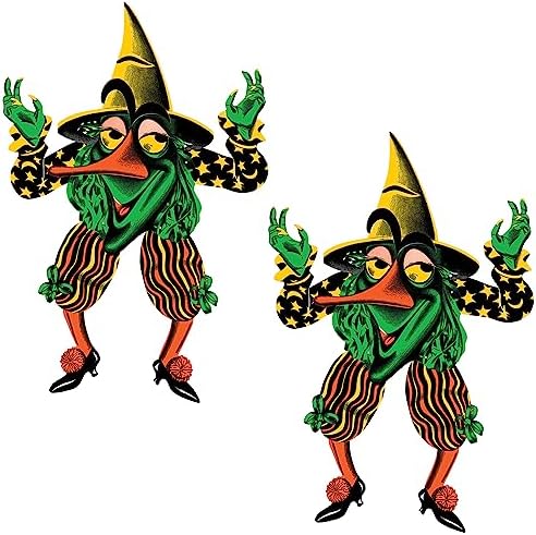 Beistle 2 Piece Vintage Halloween Decorations, Jointed Retro Witch Goblin Cut Outs, Made in USA Since 1900