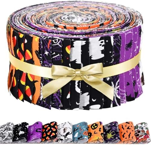 40 Pcs Halloween Fabric Strips Roll for Quilting Crafting 40 x 2.6 Inch Quilting Ghost Skull Pumpkin Candy Spider Bat Precut Patchwork for Sewing DIY Crafts Cotton Fabric Bundles