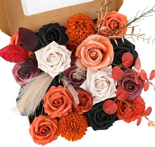 Floweroyal Halloween Artificial Flowers Black Flowers Mix Silk Flowers Fake Roses with Stems for DIY Wedding Bridal Bouquets, Baby Shower, Floral Arrangement, Table Centerpieces, Home Decorations