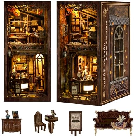 Book Nook Serenity Coffee House 3D Wooden DIY Miniature Kit with LED Lighting - Vintage Bookshelf Decor for Adults