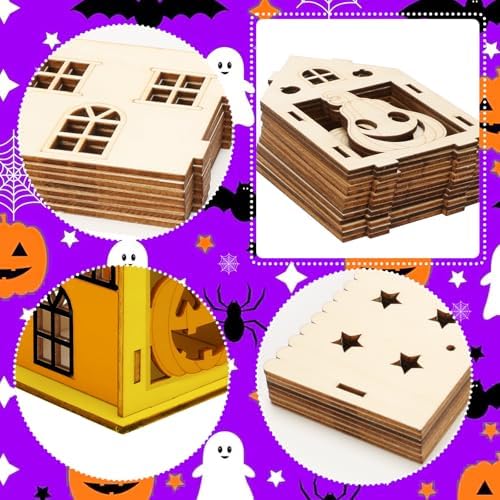 Fennoral 7 Pack Wooden Pumpkin House Craft for Kids Make You Own 3D Halloween House DIY Paint Art and Craft for Classroom Art Projiect Halloween Party Decoration