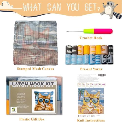 Sunglasses Cat Latch Hook Kits for Adults Beginners, Pre-Printed 17“ X 17"