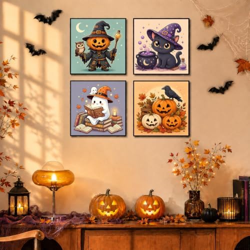 4 Pack Halloween Paint by Numbers Kit for Kids, with Frame, 7.8x7.8 inch