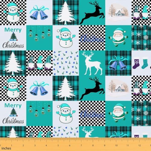 Cartoon Snowman Upholstery Fabric for Chairs | Turquoise Buffalo Plaid Christmas Decorations Santa Claus Fabric by The Yard 72"x63", Christmas Gnome Xmas Snowflake Elk Deer Outdoor Fabric