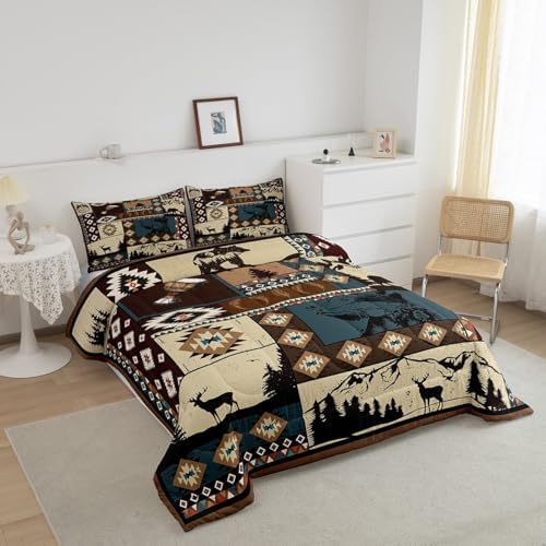 Deer and Bear Wild Animal Bedding Set King Size,Tribal Exotic Style Patchwork Plaid Comforter Set Room Decor for Home,Retro Rustic American Geometric Microfiber Down Comforter,with 2 Pillowcases