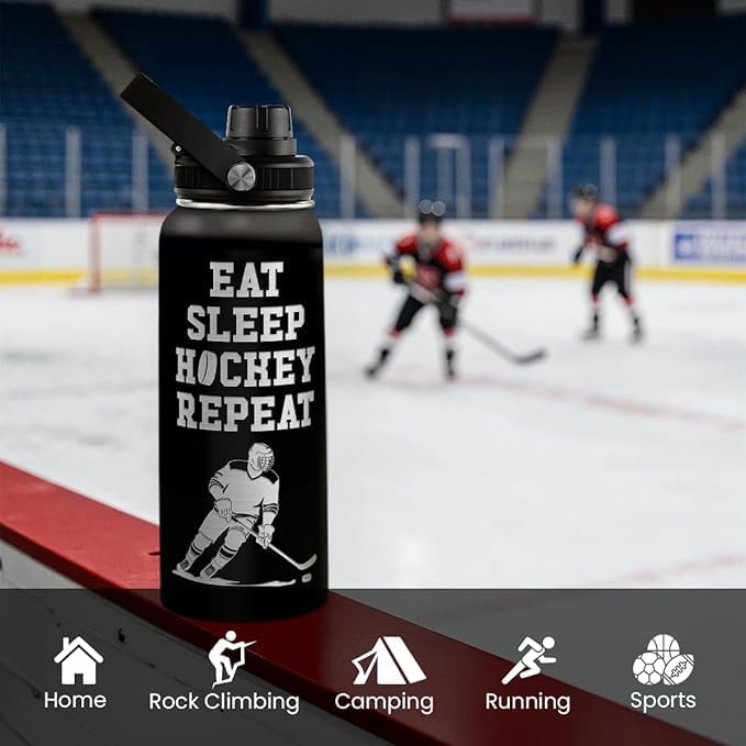 Ice Hockey Insulated Engraved Stainless Steel Water Bottle 32oz, Vacuum Chug Lid Travel Tumbler For Men Friends Hockey Lovers Fans Coaches,Birthday Christmas