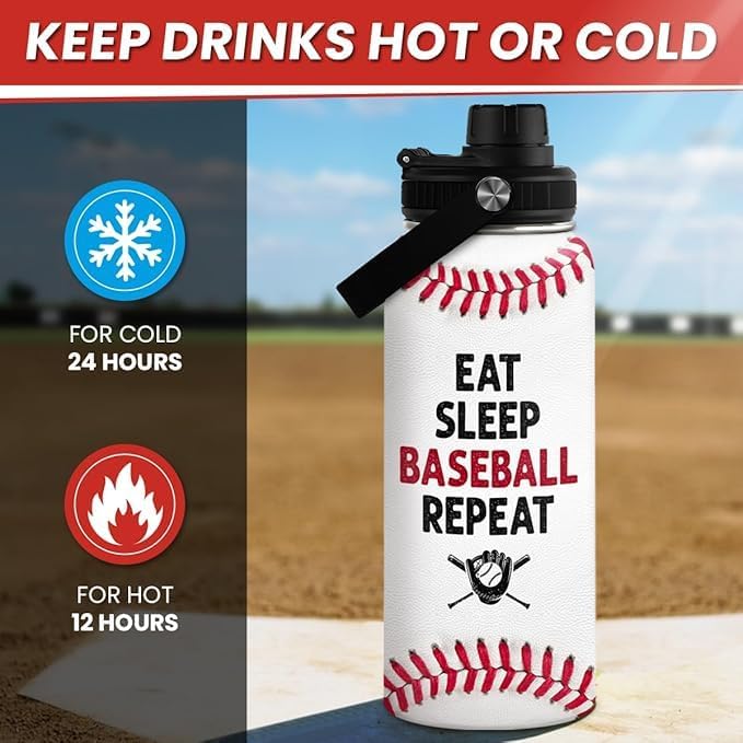 Baseball Water Bottle 32 Oz - Insulated Stainless Steel Sport Bottles with Lid - Baseball Men Players Fan Coach