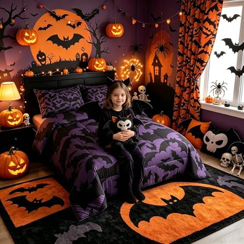 Castle Fairy Halloween Themed Comforter Set Full Size,Black Bats Animal Print Bedding Comforters Room Decor,Dark Purple Color Quilt Set with 2 Pillowcases,Teens Present