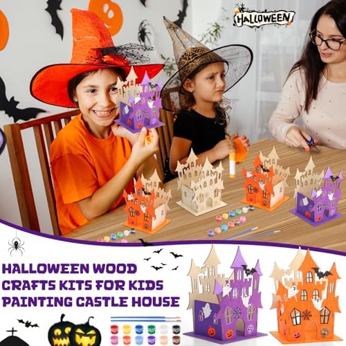 DoubleFill 6 Set Halloween Wooden Castle House Craft Kits with Paints