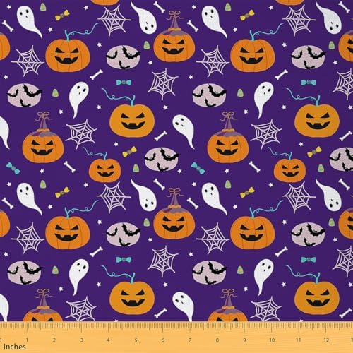 Feelyou Purple Halloween Soft Flannel Fabric by The Yard Kids 10 Yards Cute Ghost Bat Spider Web Upholstery Fabric Pumpkin Candy Spooky Trick or Treat for Home DIY Projects, Indoor Decor