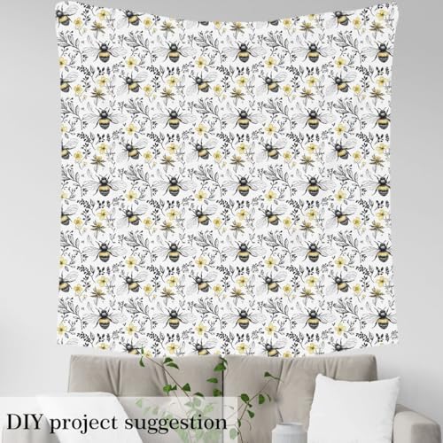 Castle Fairy Cartoon Bee Fabric by The Yard Branch Leaf Flower Fabric Soft Polyester No Stretch Country Rustic Craft Patchwork Decor for Quilting Sewing 10 Yard,360" Lx59 W White Black Yellow