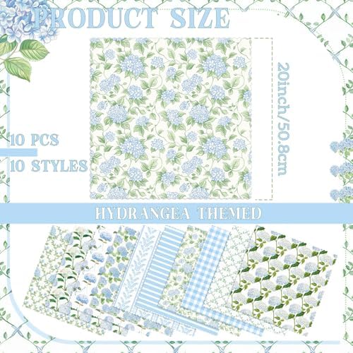 Hahafelt 10 Pcs Hydrangea Quilting Fabric Bundles 20 x 20 Inch