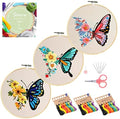 Santune 3 Pack Embroidery Kit for Beginners Adults Cross Stitch Kits with Butterfly Patterns and Instructions,DIY Hand Crafts with 1 Hoop,Threads and 6 Needles