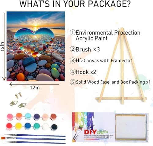 MIRCVSH Love Stone Paint by Numbers for Adults with Framed Canvas-with Wooden Easel,Paint by Number on Canvas,DIY Acrylic Oil Painting Kits with Brushes Nice Gift Box for Home Wall Decor(12x16 Inch)