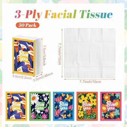 Outus 50 Pac Floral Bless You Pocket Tissues Travel Size, 3 Ply Small Unscented Facial Tissues Packs, Soft & Gentle Purse Tissue for Travel, Wedding, Back to School Supplies, 400 Sheets Total