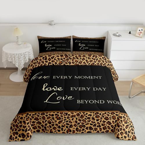 Castle Fairy Leopard Print Comforter Set Queen Size,African Wild Animal Fur Pattern Bedding Set for Women Adult,Cheetah Skin Brown Black Luxury Bed Duvet Insert, 2 Pillowcases