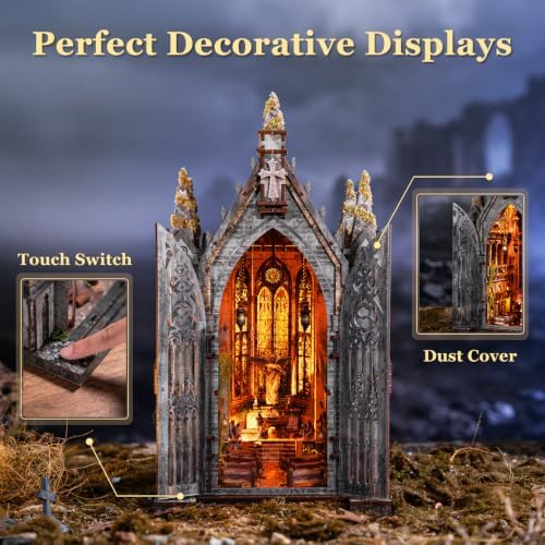 fifijoy Book Nook Kit - Abandoned Gothic Church DIY Miniature Dollhouse for Adults and Teens, Booknook Tiny House Bookshelf Decor 3D Wooden Puzzle with LED Lights, Creative Gifts for Family, Friends