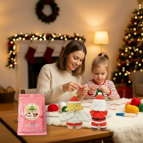 minimal beee Beginner Christmas Crochet Kit - 3-Piece Santa & Mrs. Claus Set, Complete Craft Supplies with Video Tutorials for Christmas Tree Decor.Gift Hobby for Adults