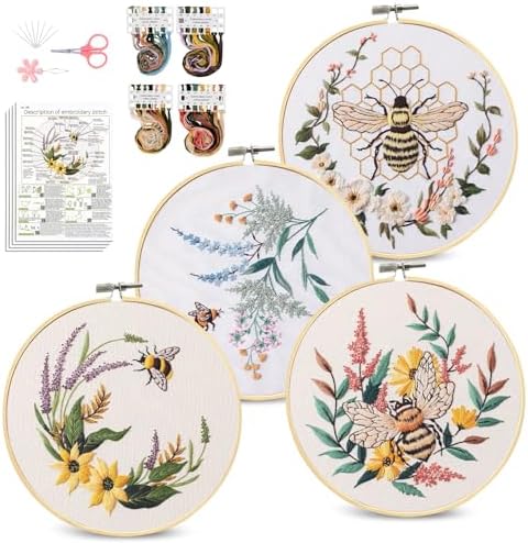 Santune 4 Pack Embroidery Kit for Beginners,Needlepoint Cross Stitch Kits for Adults,Needle Point Sets with Bee Flower Pattern Stitch Video Tutorial