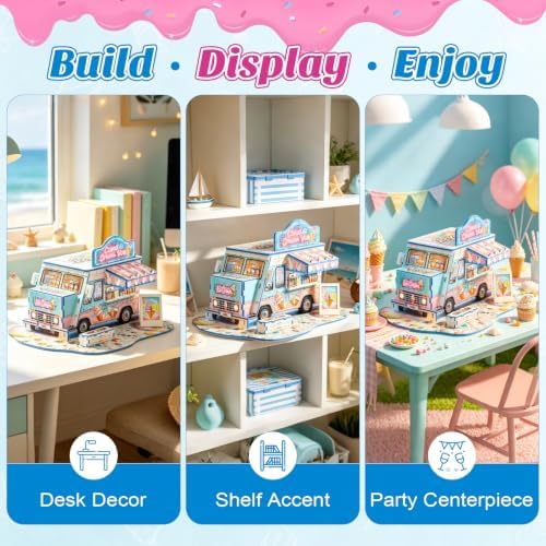 3D Puzzle for Adults, Ice Cream Van Miniature Model Kit with 277 Pieces, DIY Building Craft Kit, Colorful Summer Beach Decoration Display, Home Decor Gift for Teens Family & Friends
