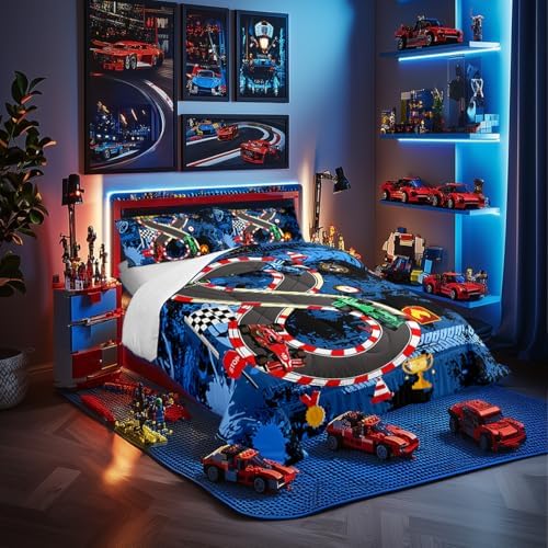 Twin Size Comforter Sets for Boys Kids,Racing Car Bedding Comforter Sets, Cars Bedding for Teens Men,Cars Lover Bedding,Cool Race Cars Quilt Bed Set with 1 Comforter 1 Pillowcases(Blue Red)