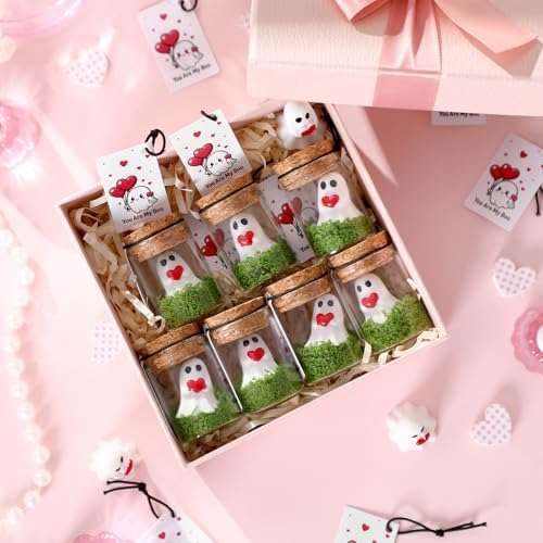 Skylety 30 Sets Valentines Day Ghost in a Mason Jar with Moss and Card Cute Red Heart Valentine Figurine Bulk Adopt a Ghost Figurine for Valentines Decorations DIY Party Gifts