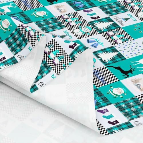Cartoon Snowman Upholstery Fabric Turquoise Buffalo Plaid Christmas Decorations Santa Claus Outdoor Fabric by The Yard 181"x63", Christmas Gnome Xmas Snowflake Elk Deer Landscape Fabric
