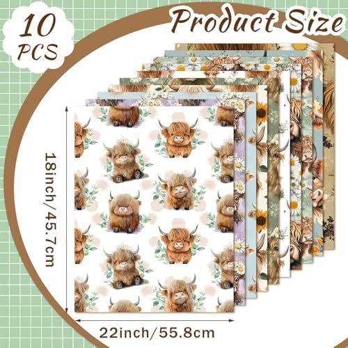 Hahafelt 10 Pcs 18"x22" Highland Cow Fat Quarters Sunflower Fabric Bundle