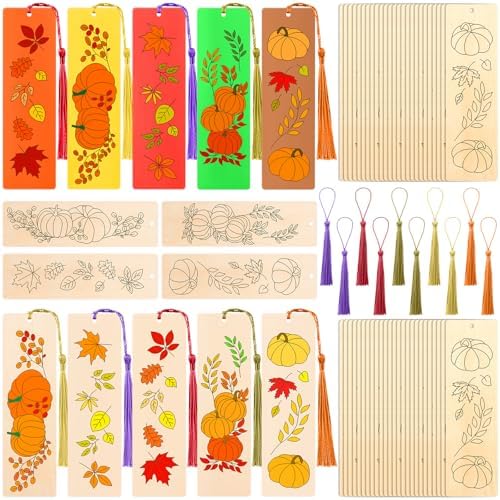 200 Pcs Fall Wood Bookmarks to Color Bulk, Color Your Own with Tassels